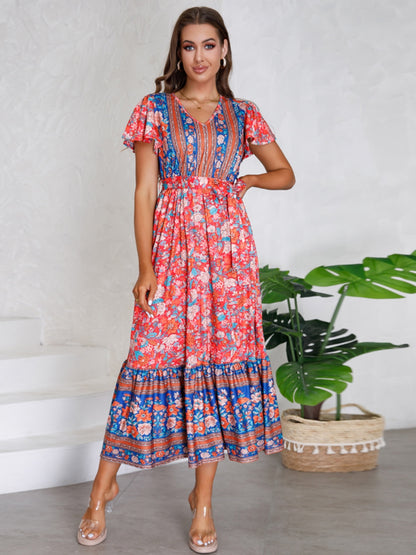 Tied Printed V-Neck Short Sleeve Boho Wedding Guest Dress [Spirit and Rebel]   