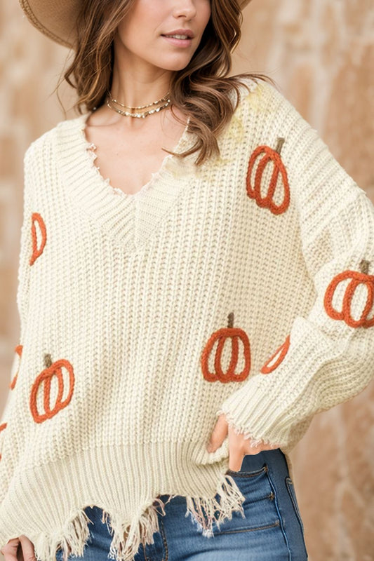 Spirit and Rebel Raw Hem Pumpkin V-Neck Long Sleeve Boho Sweater [Spirit and Rebel] Beige S 