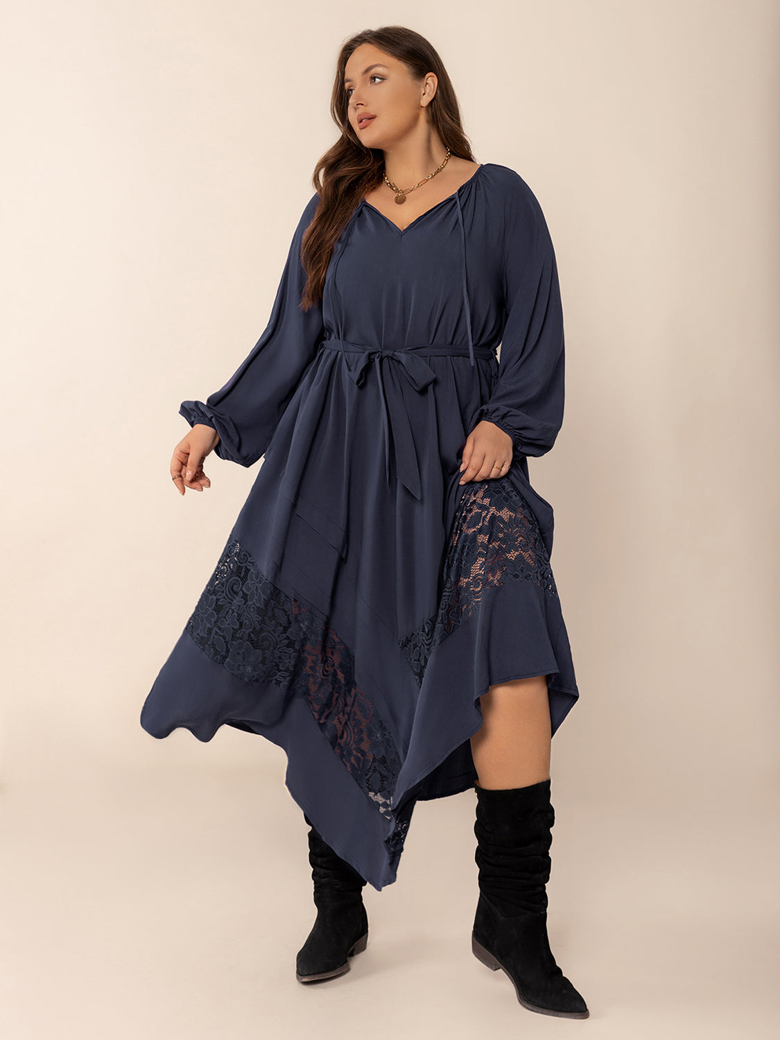 Spirit and Rebel Plus Size Lace Detail Tie Neck Long Sleeve Midi Dress [Spirit and Rebel]   