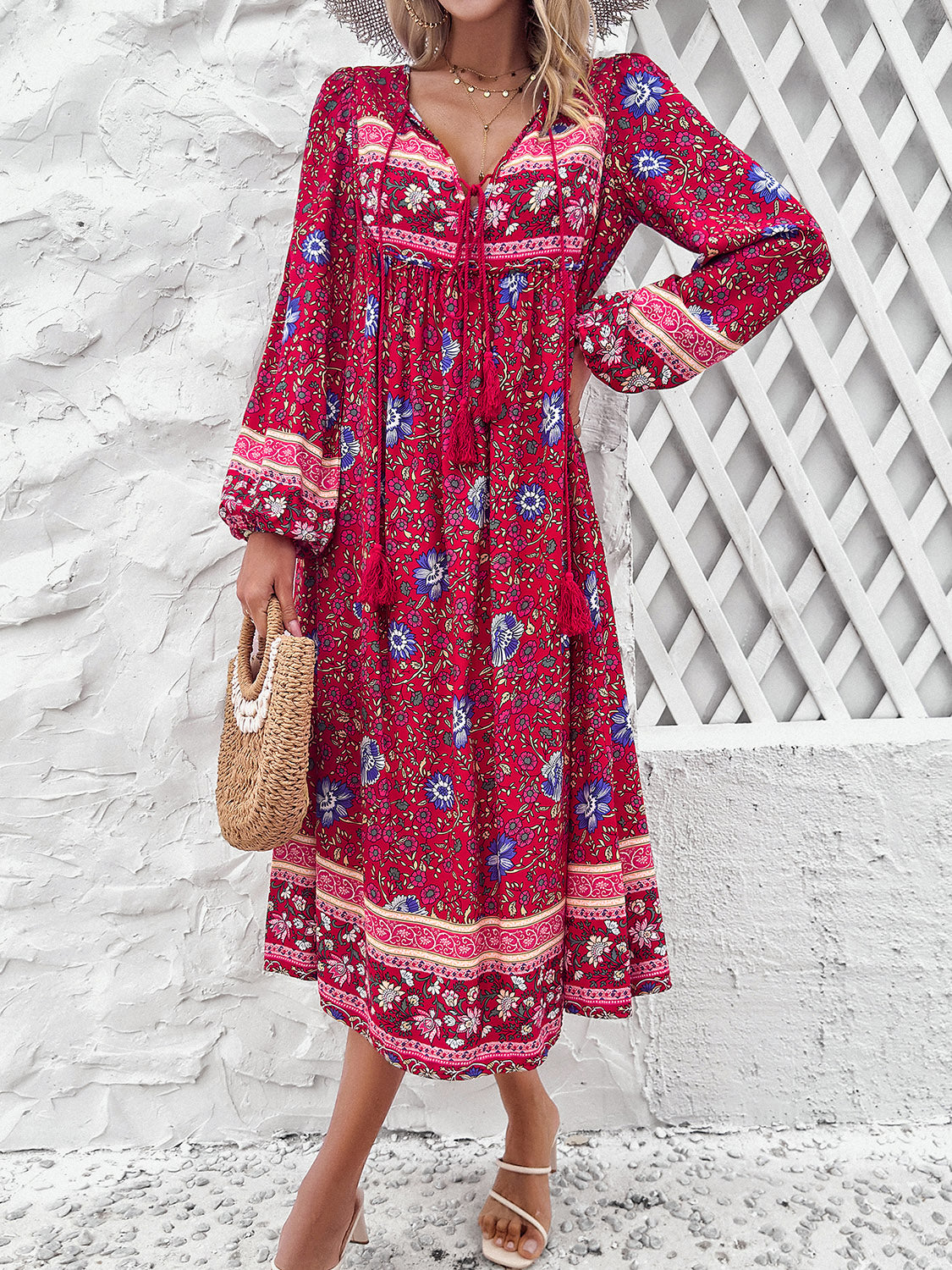 Tassel Tied Printed Long Sleeve Boho Dress [Spirit and Rebel]   