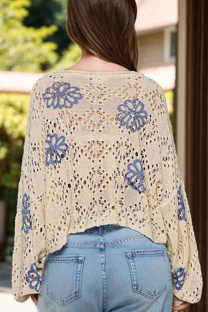 Openwork Round Neck Long Sleeve Knit Boho Top - Spirit and Rebel [Spirit and Rebel]   