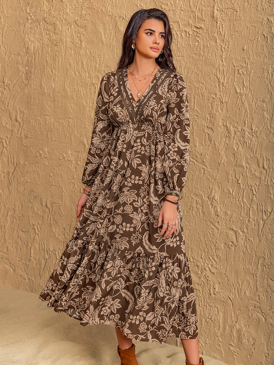 Spirit and Rebel Ruched Printed V-Neck Long Sleeve Midi Dress [Spirit and Rebel] Taupe S 