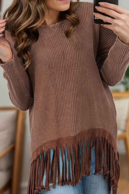 Spirit and Rebel Fringe Round Neck Long Sleeve Boho Top [Spirit and Rebel] Brown S 