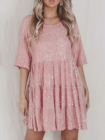 Plus Size Sequin Round Neck Half Sleeve Mini Boho Dress - Spirit and Rebel [Spirit and Rebel] Dusty Pink S 