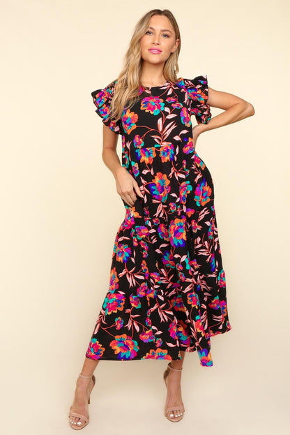 Ruffled Printed Round Neck Cap Sleeve Boho Dress - Spirit and Rebel [Spirit and Rebel]   