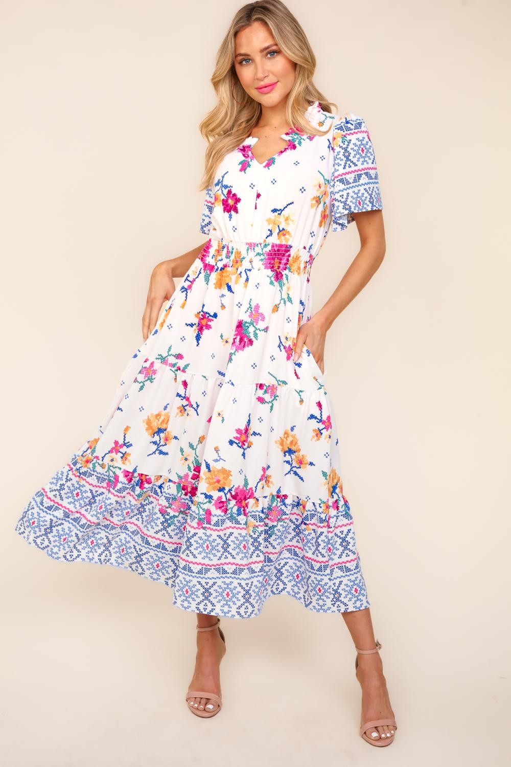 Printed Notched Short Sleeve Tiered Boho Dress - Spirit and Rebel [Spirit and Rebel]   