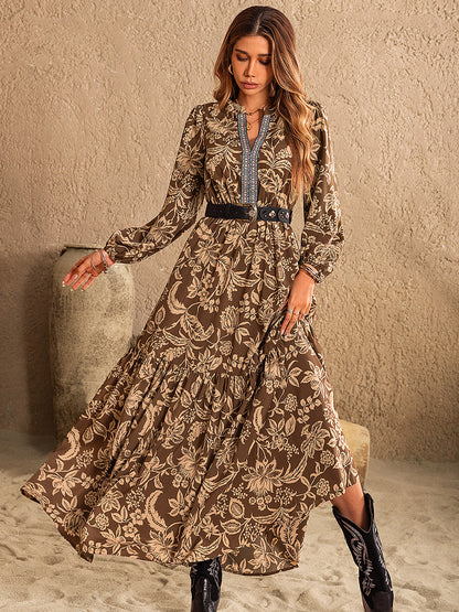 Spirit and Rebel Ruched Printed Notched Long Sleeve Maxi Dress [Spirit and Rebel] Taupe S 