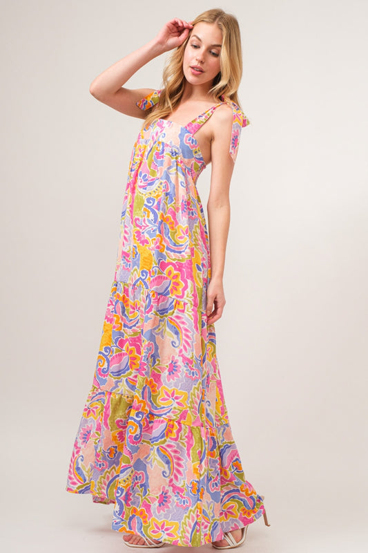 And The Why Plus Size Printed Tie Shoulder Tiered Boho Maxi Dress [Spirit and Rebel] Multicolor S 