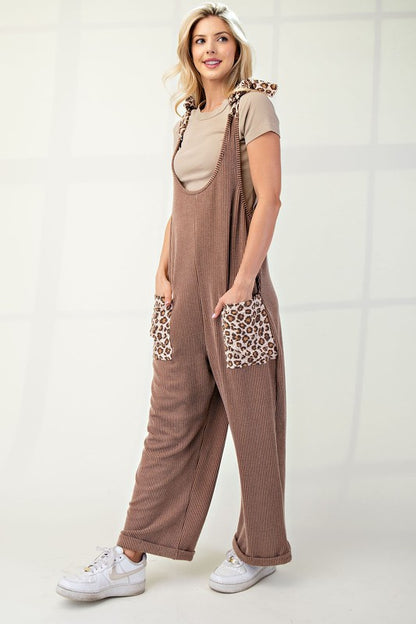 Plus Size Ribbed Leopard Tied Shoulder Overalls [Spirit and Rebel]