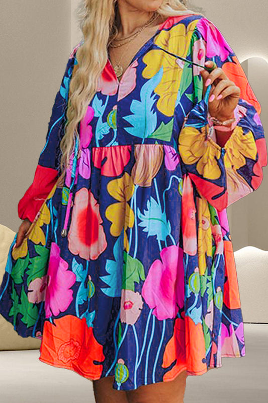 Plus Size Printed Tie Neck Long Sleeve Boho Dress - Spirit and Rebel [Spirit and Rebel] Floral 1XL 