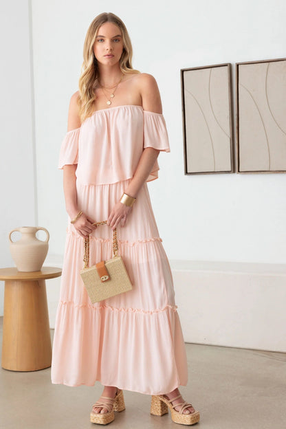 Frill Off-Shoulder Tiered Boho Dress - Spirit and Rebel [Spirit and Rebel] Blush S 