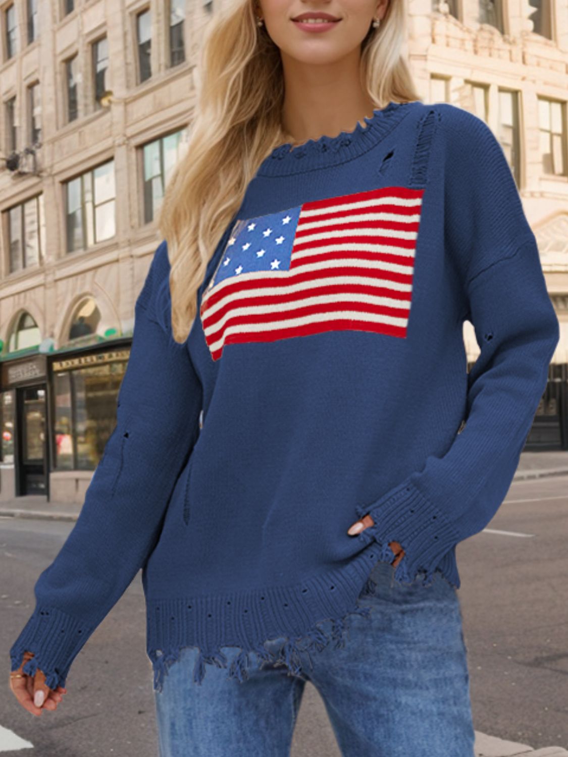 US Flag Distressed Round Neck Long Sleeve Boho Sweater - Spirit and Rebel [Spirit and Rebel]   