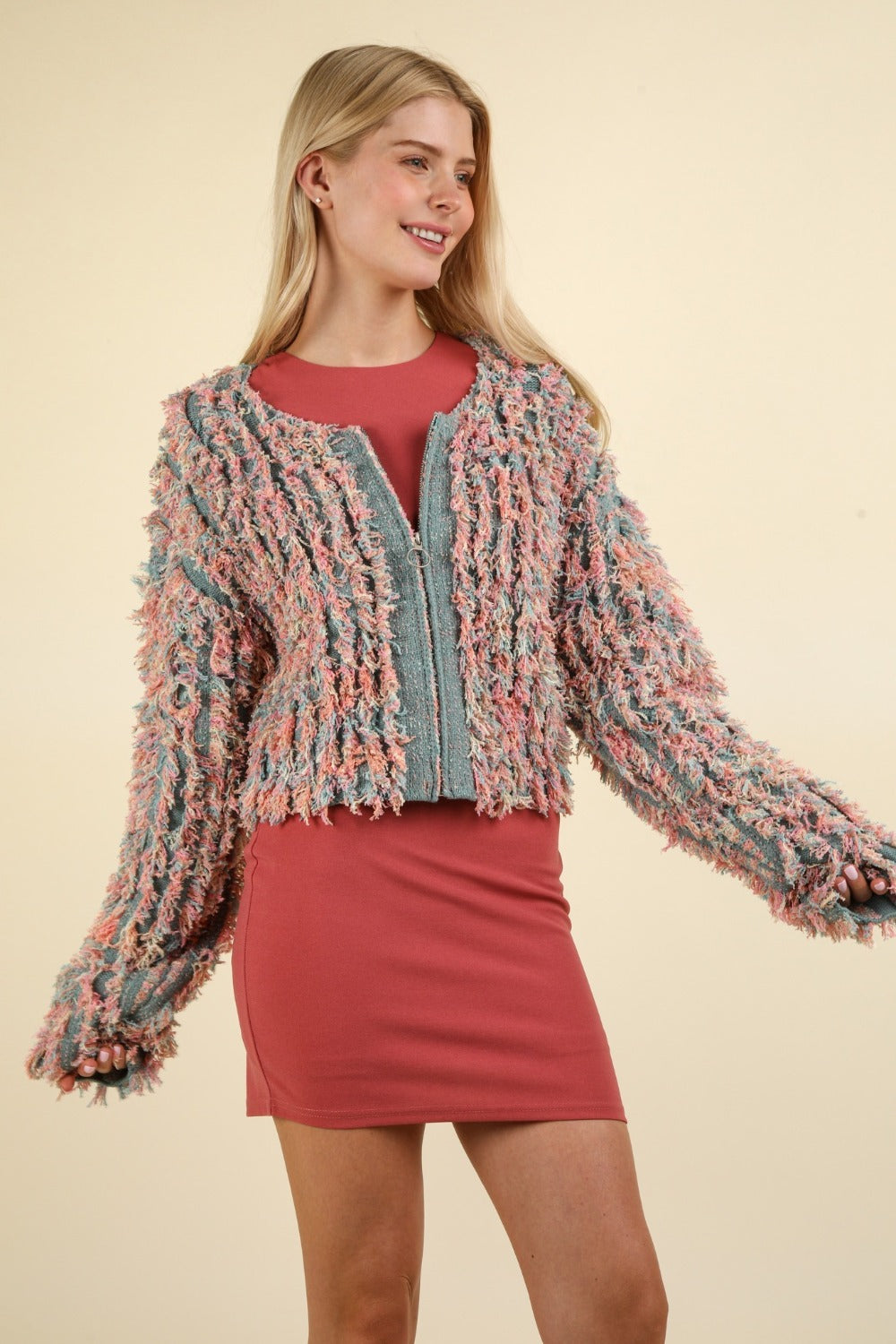 Spirit and Rebel Shaggy Yarn Knit Zip Up Boho Jacket [Spirit and Rebel]   