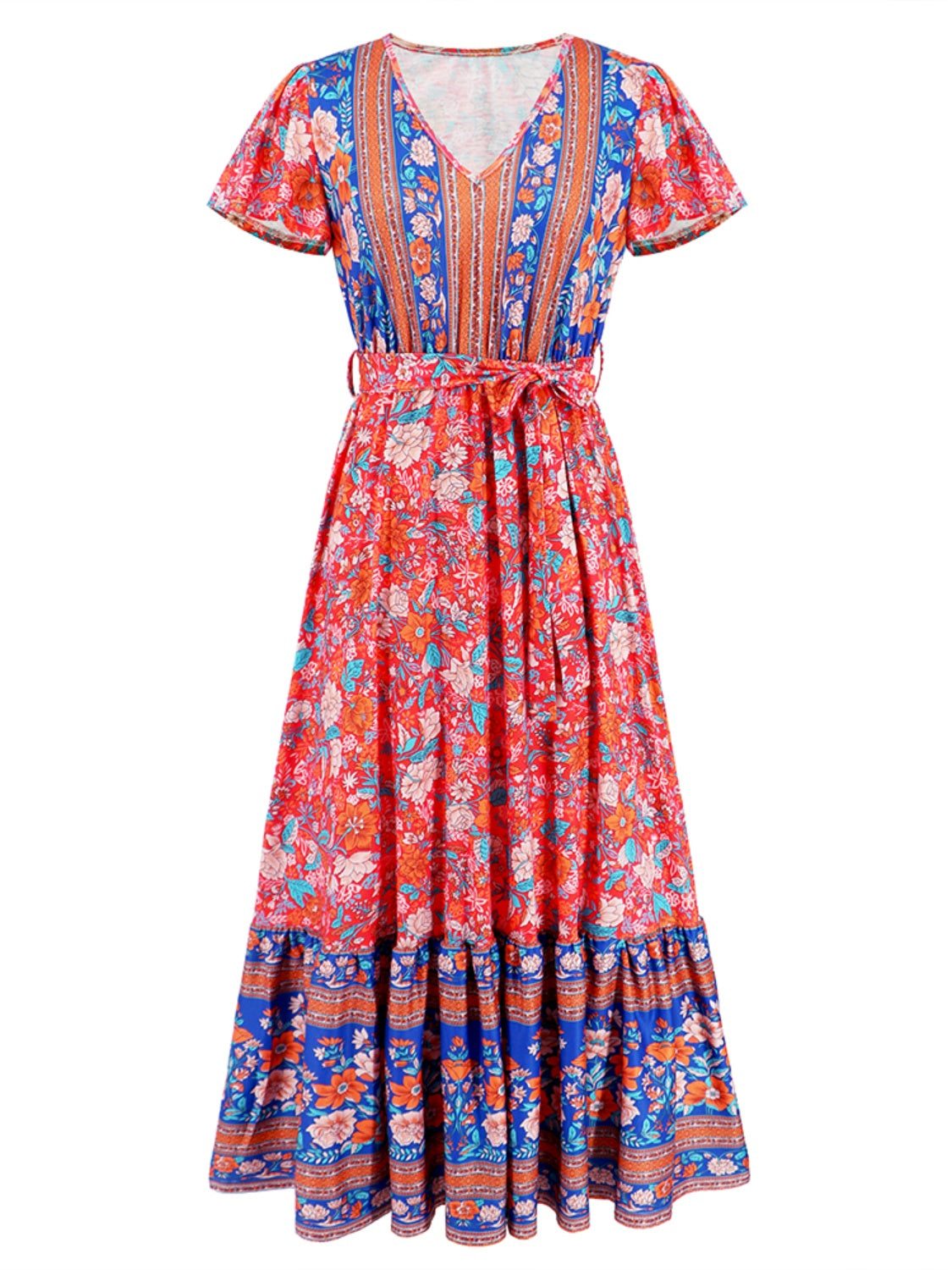 Tied Printed V-Neck Short Sleeve Boho Wedding Guest Dress [Spirit and Rebel]   