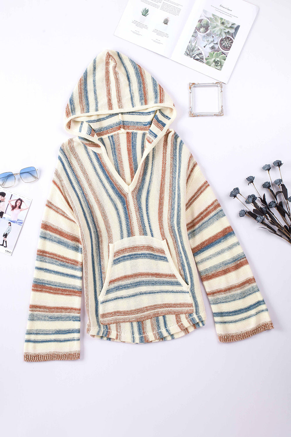 Contrast Striped Dropped Shoulder Hooded Knit Top [Spirit and Rebel]