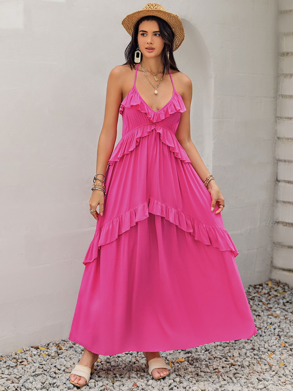 Ruffled Halter Neck Sleeveless Maxi Boho Dress - Spirit and Rebel [Spirit and Rebel]   