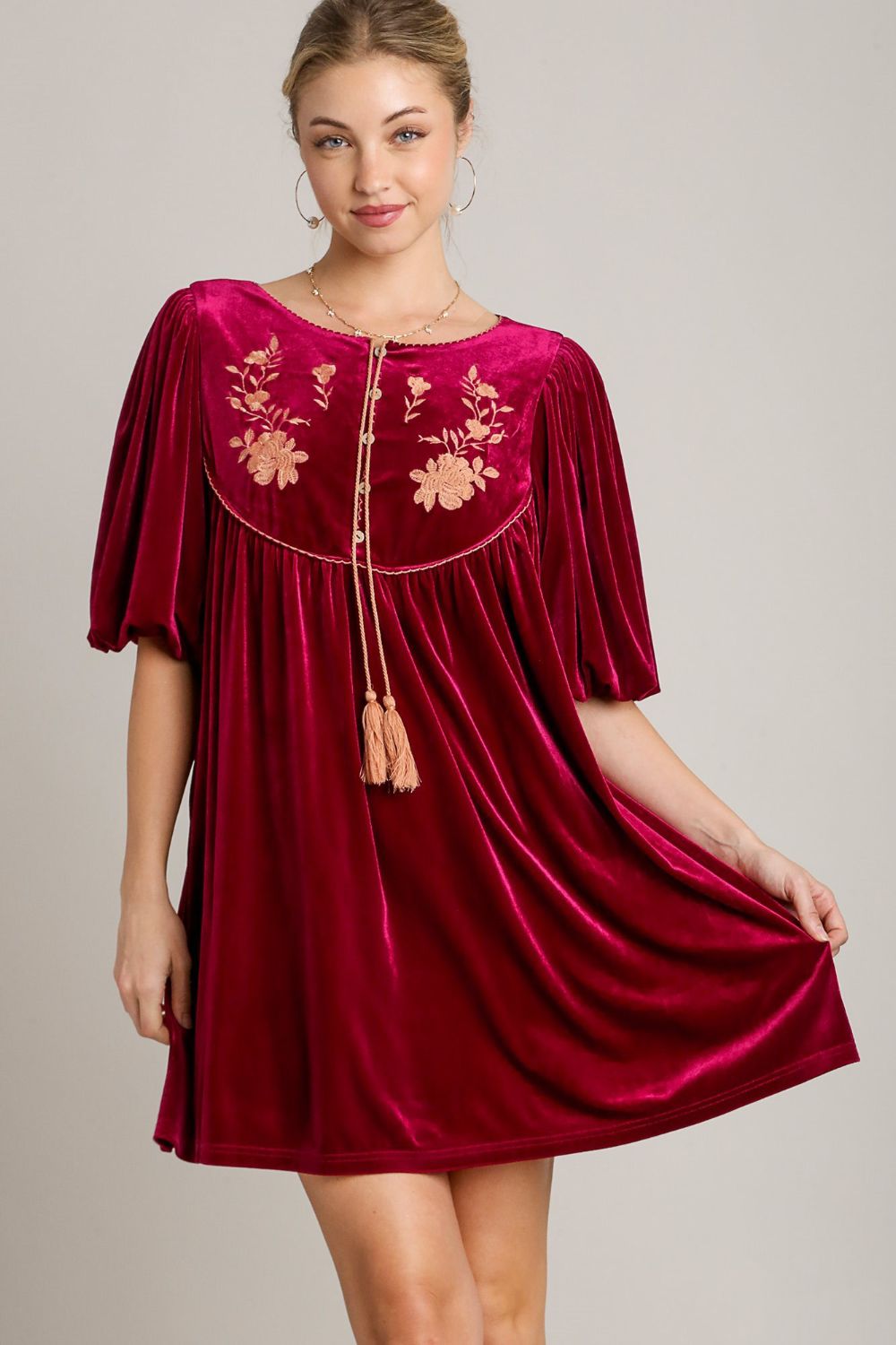 Embroidered Half Sleeve Velvet Mini Dress with Tassel [Spirit and Rebel] Burgundy S