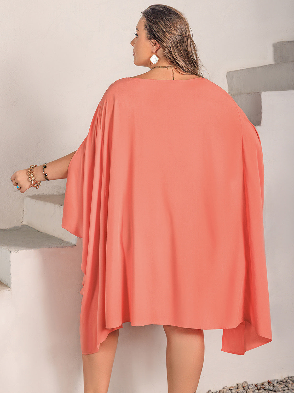 Plus Size Round Neck Batwing Sleeve Mini Boho Dress - Spirit and Rebel [Spirit and Rebel]   