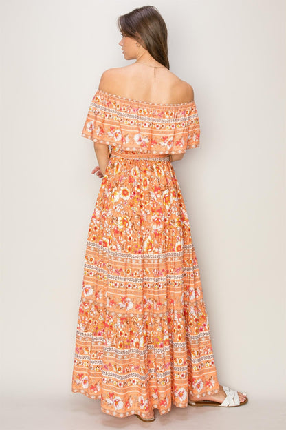 Floral Off-Shoulder Tie Front Maxi Boho Dress - Spirit and Rebel [Spirit and Rebel]   