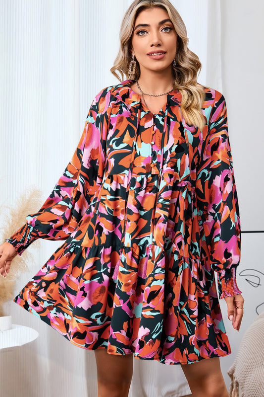 Printed Tie Neck Lantern Sleeve Mini Boho Dress - Spirit and Rebel [Spirit and Rebel] Multicolor M 