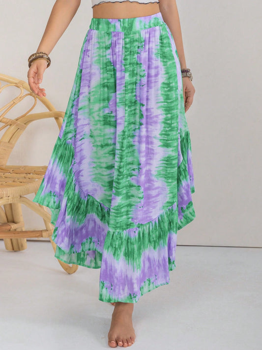 Tie-Dye Ruffle Hem Skirt [Spirit and Rebel] Mid Green S 