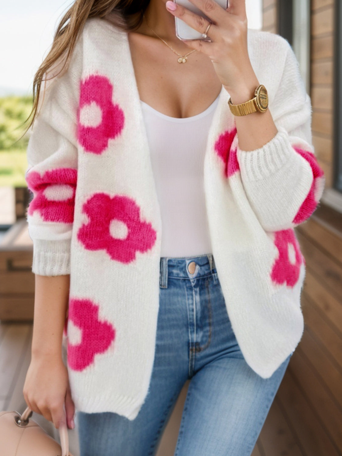 Flower Open Front Long Sleeve Boho Cardigan - Spirit and Rebel [Spirit and Rebel] White S 