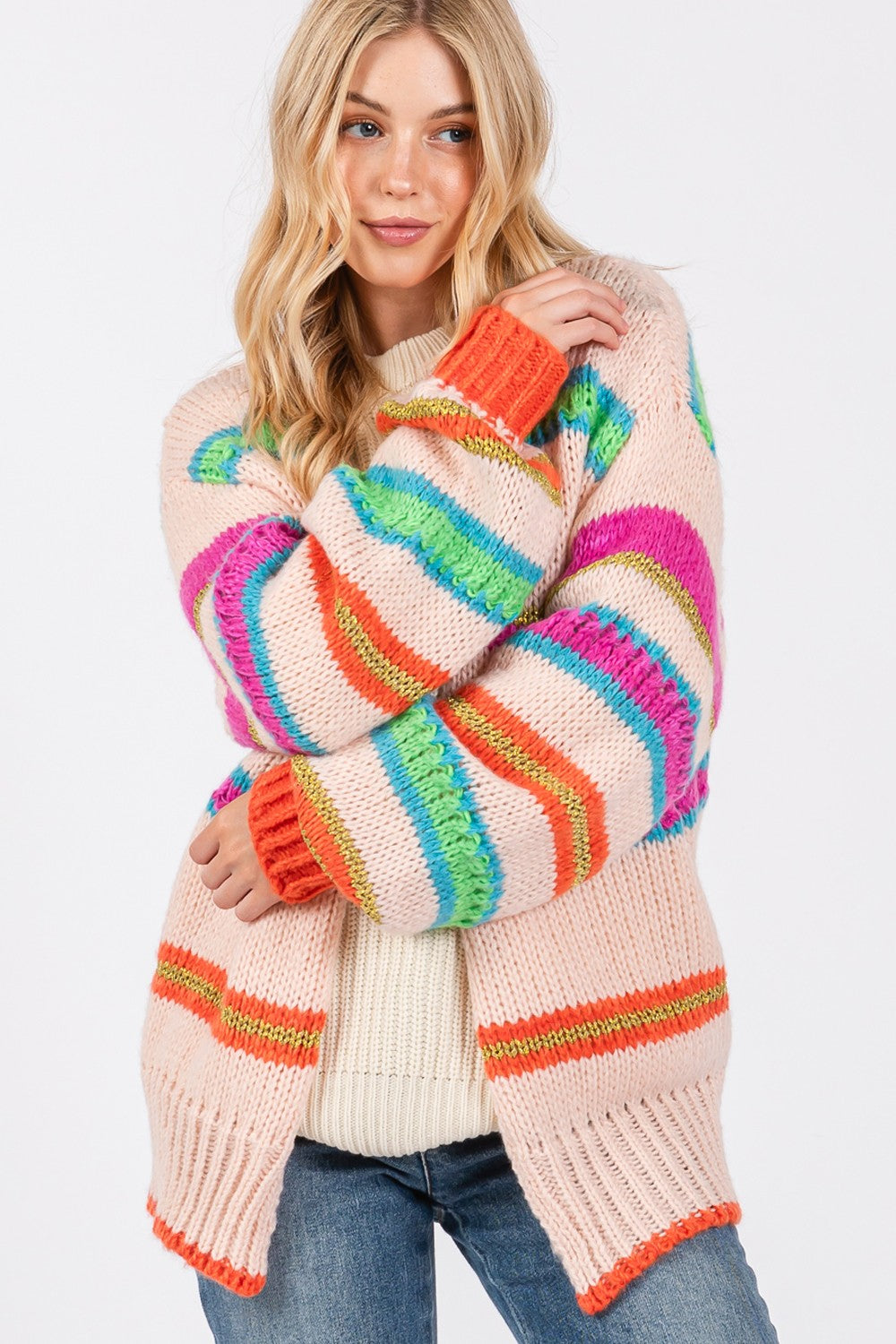 Spirit and Rebel Rainbow Striped Open Front Knit Boho Cardigan [Spirit and Rebel]   