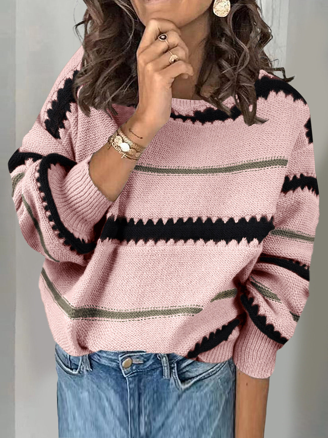 Contrast Striped Round Neck Long Sleeve Sweater [Spirit and Rebel] Blush Pink S