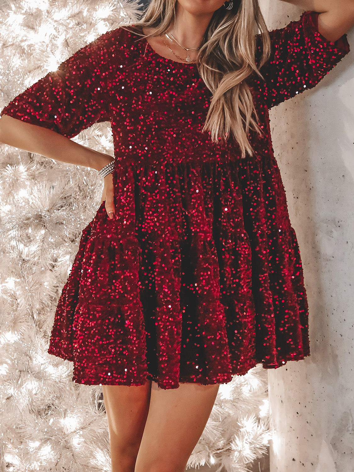 Plus Size Sequin Round Neck Half Sleeve Mini Boho Dress - Spirit and Rebel [Spirit and Rebel] Burgundy S 