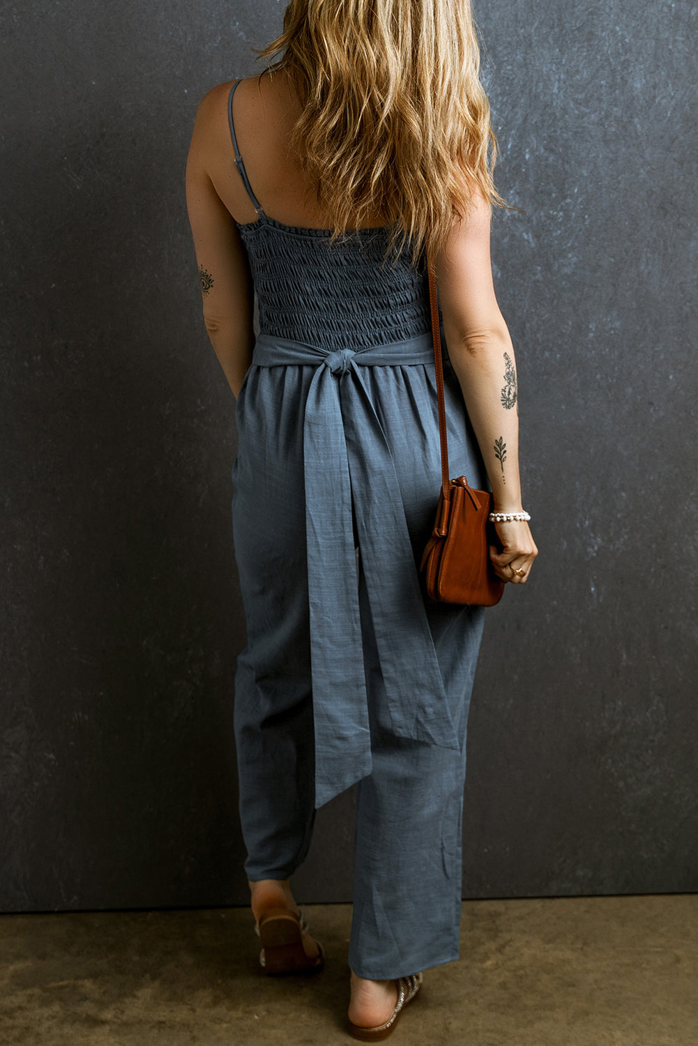 Tied Smocked Wide Leg Boho Jumpsuit - Spirit and Rebel [Spirit and Rebel]   