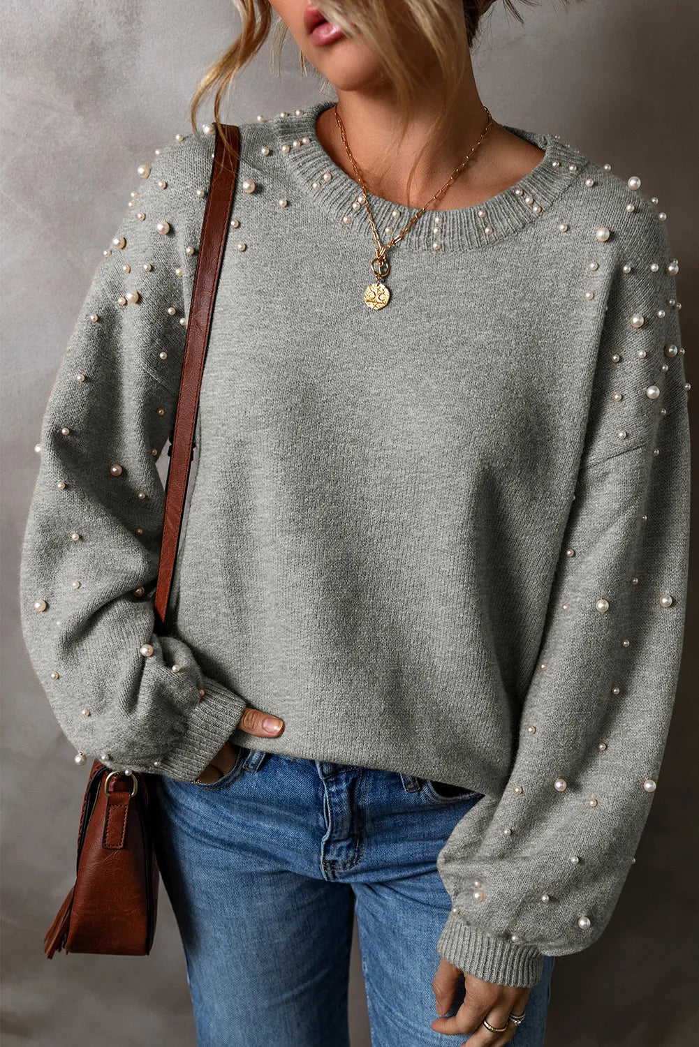 Pearl Detail Round Neck Long Sleeve Boho Sweater - Spirit and Rebel [Spirit and Rebel] Gray S 