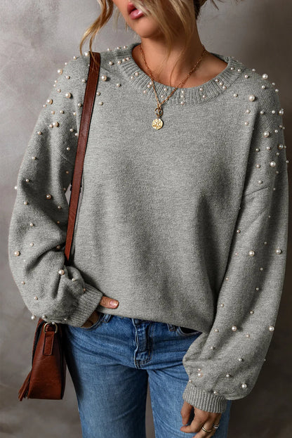 Pearl Detail Round Neck Long Sleeve Boho Sweater - Spirit and Rebel [Spirit and Rebel] Gray M 