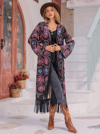 Spirit and Rebel Fringe Open Front Long Sleeve Boho Cardigan [Spirit and Rebel]   