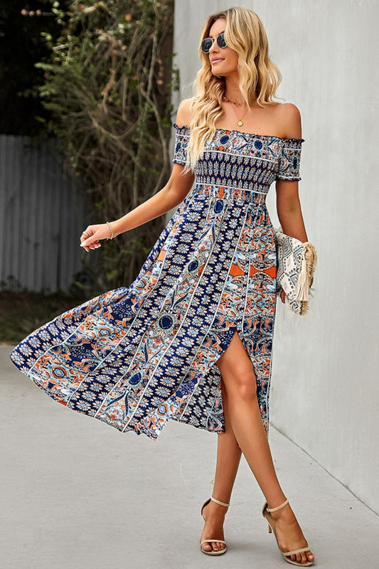 Off-Shoulder Frill Trim Split Boho Wedding Guest Dress [Spirit and Rebel] Navy S 