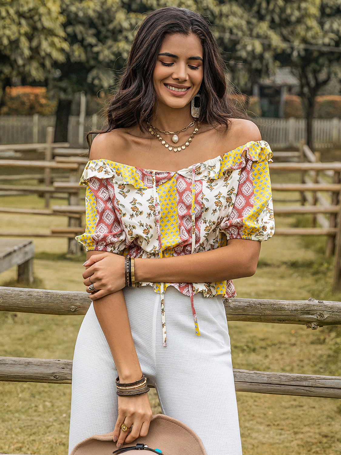 Ruffled Printed Off-Shoulder Short Sleeve Boho Blouse - Spirit and Rebel [Spirit and Rebel]   