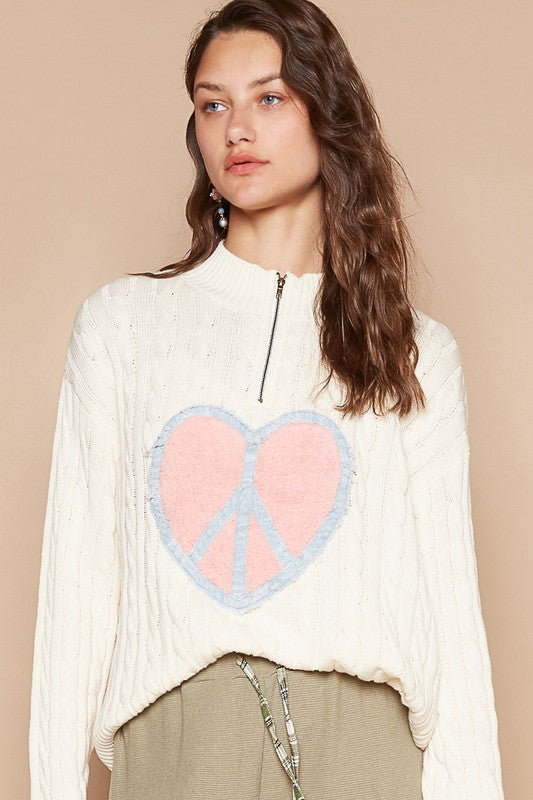 Cable-Knit Peace Patch Dropped Shoulder Sweater [Spirit and Rebel] Ivory S