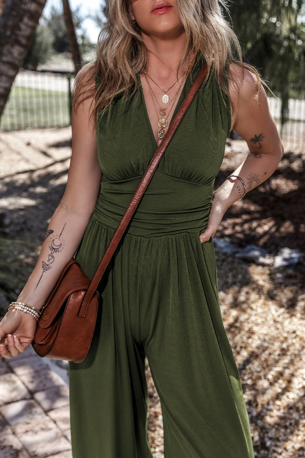 V-Neck Sleeveless Wide Leg Boho Jumpsuit - Spirit and Rebel [Spirit and Rebel]   