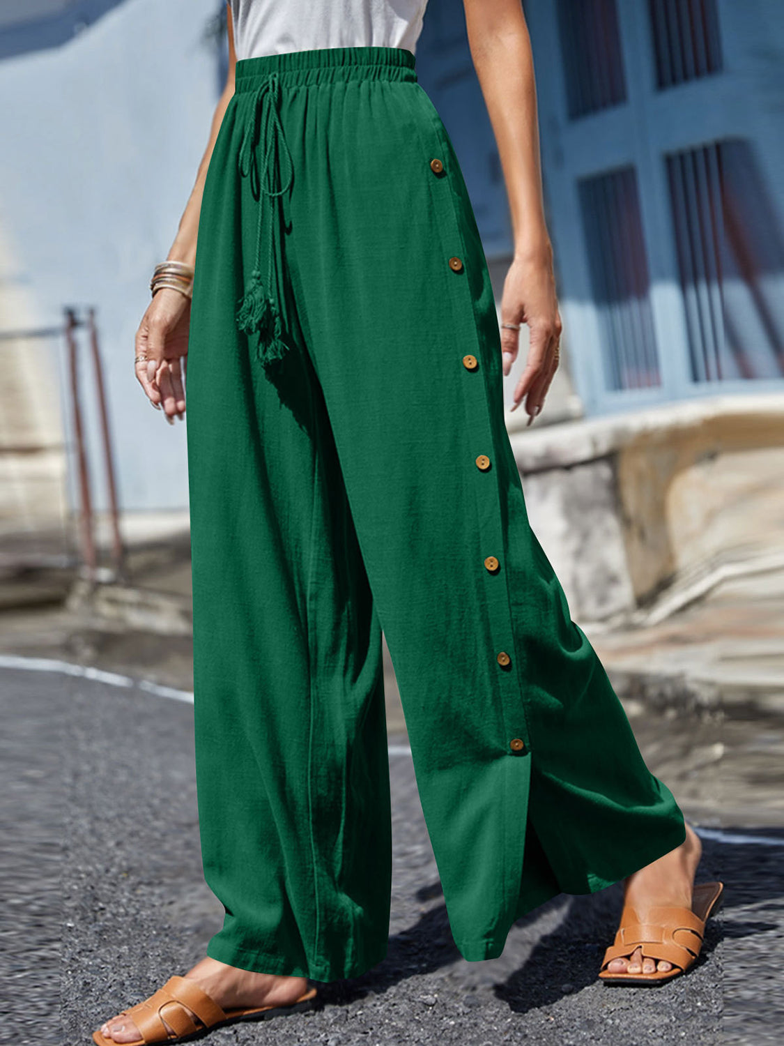 Boho Chic  Plus Size Tassel Wide Leg Pants [Spirit and Rebel] Green S 