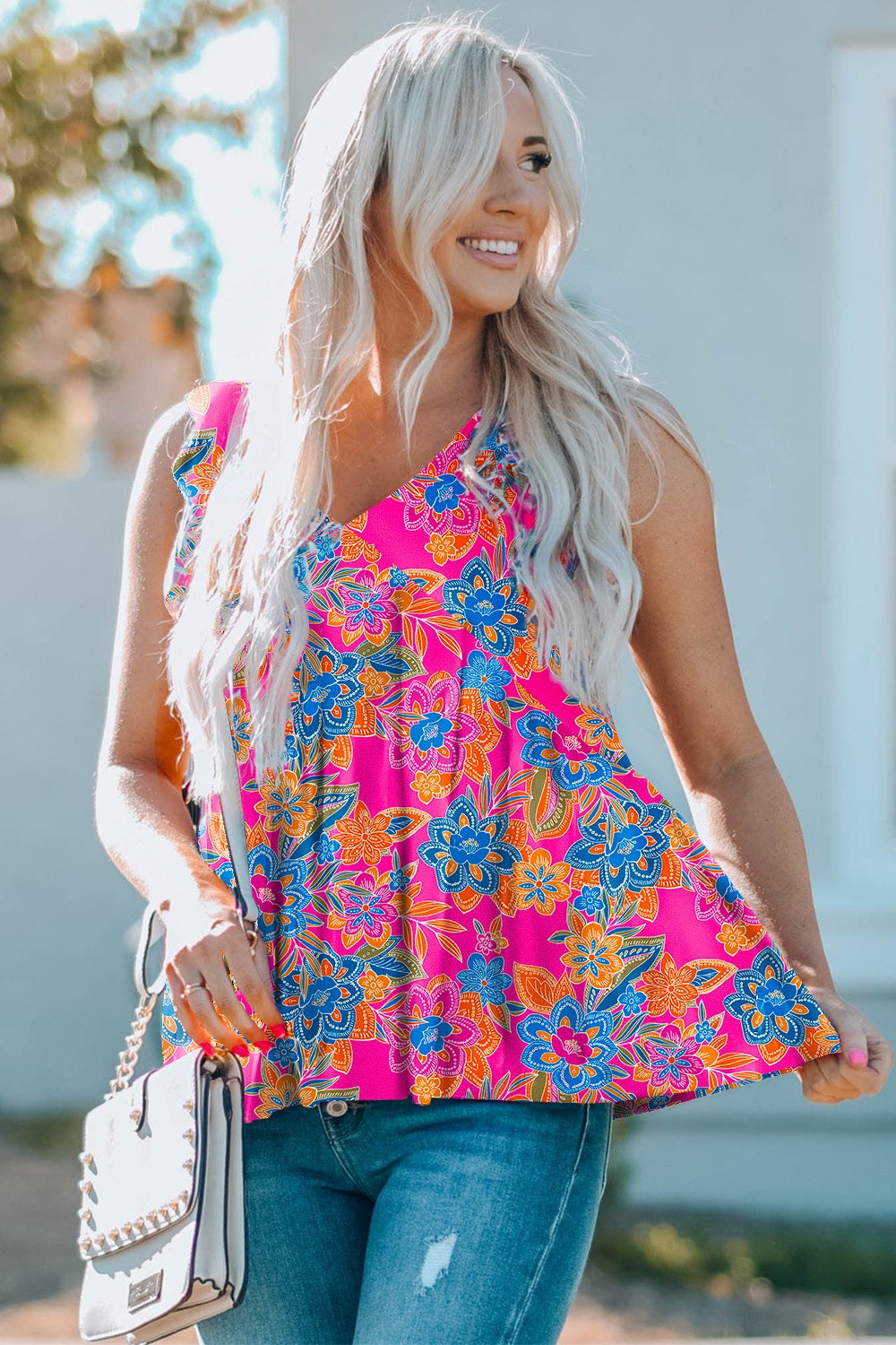 Ruffled Printed V-Neck Boho Tank [Spirit and Rebel]   