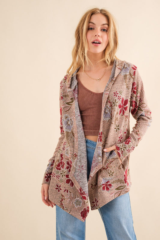 Spirit and Rebel Floral Thermal Hooded Open Front Boho Cardigan [Spirit and Rebel] Blush Multi S 