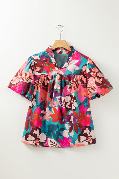 Printed Notched Puff Sleeve Boho Blouse [Spirit and Rebel]   