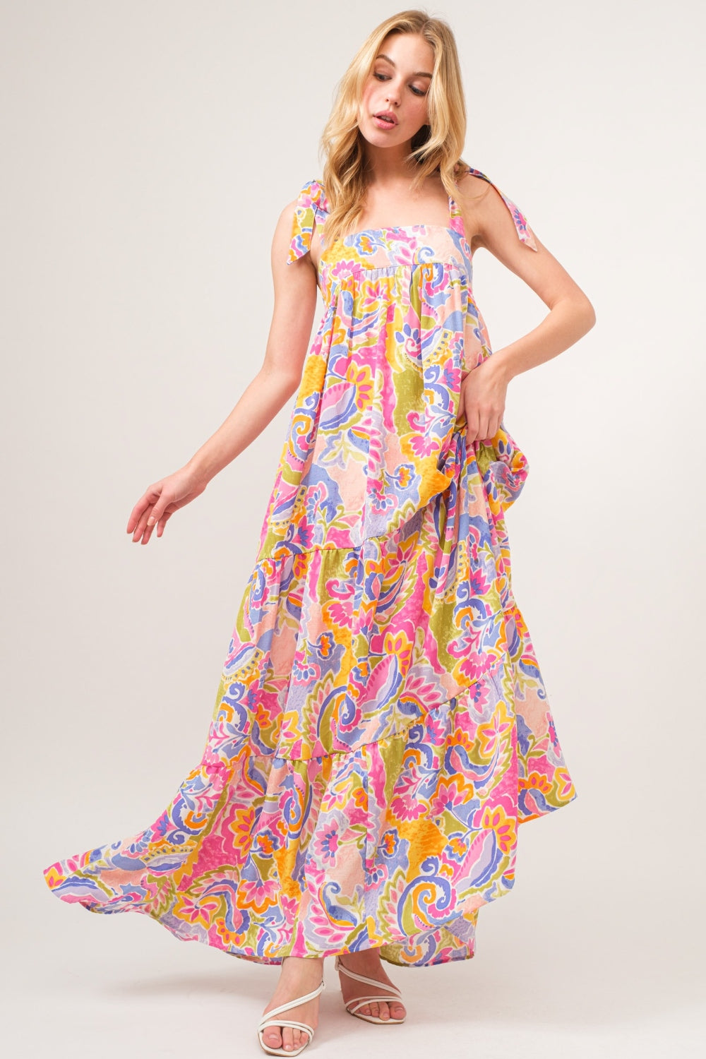 And The Why Plus Size Printed Tie Shoulder Tiered Boho Maxi Dress [Spirit and Rebel]   