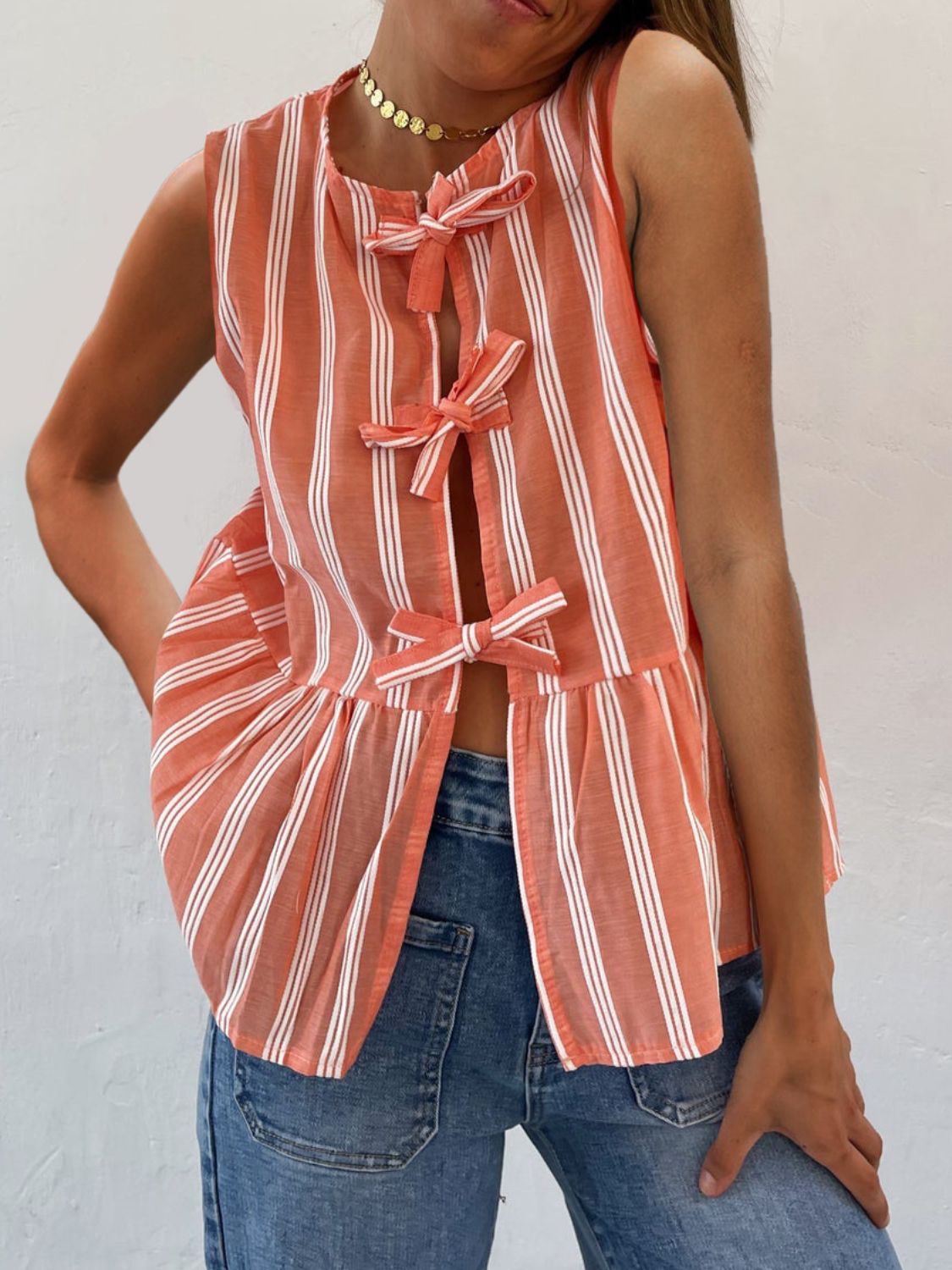 Tied Striped Round Neck Tank