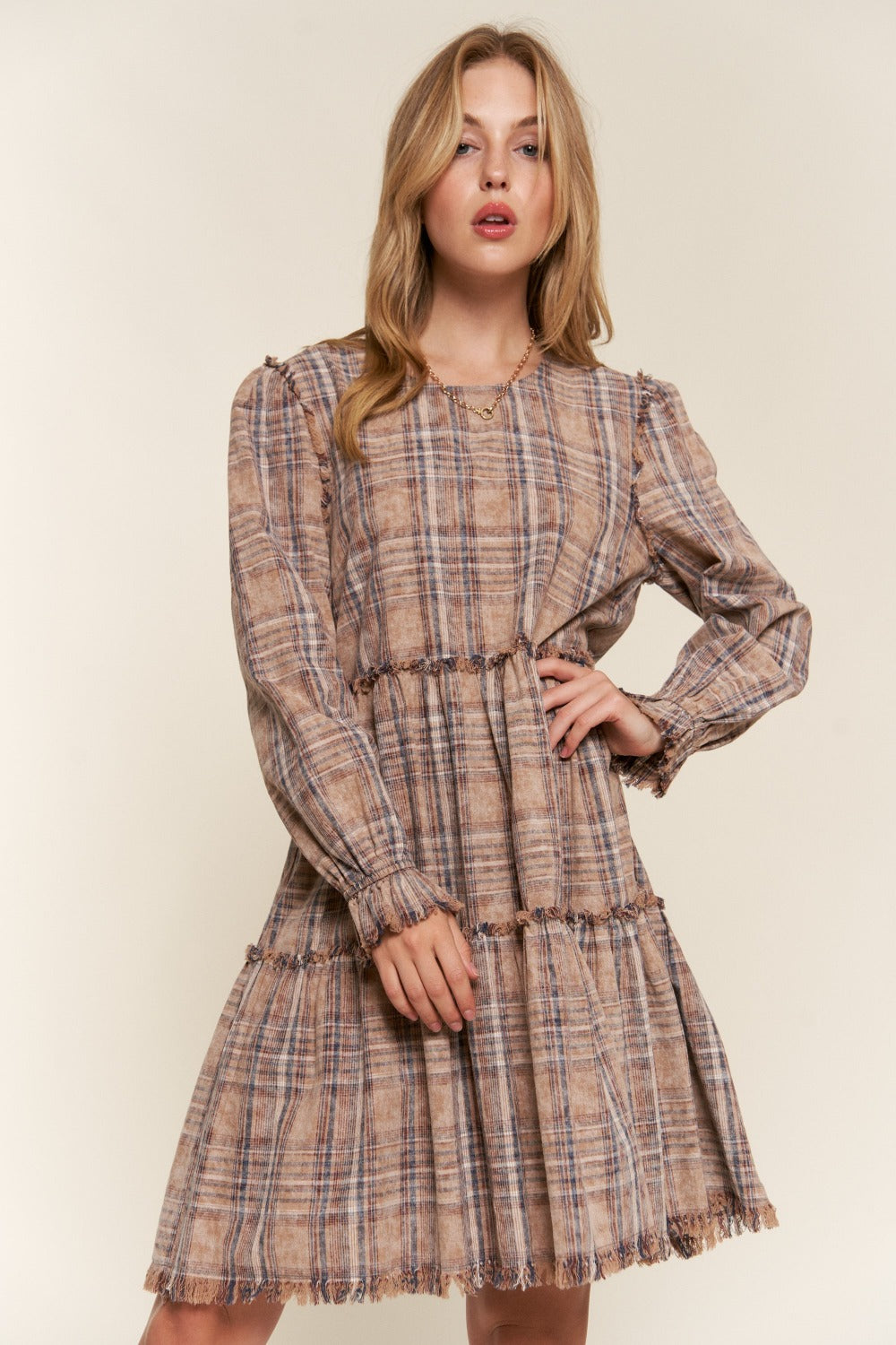 Spirit and Rebel Plus Size Washed Frayed Tiered Plaid Dress [Spirit and Rebel]   