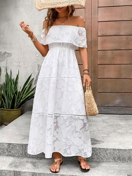 Off-Shoulder Short Sleeve Maxi Boho Dress - Spirit and Rebel [Spirit and Rebel] White S 