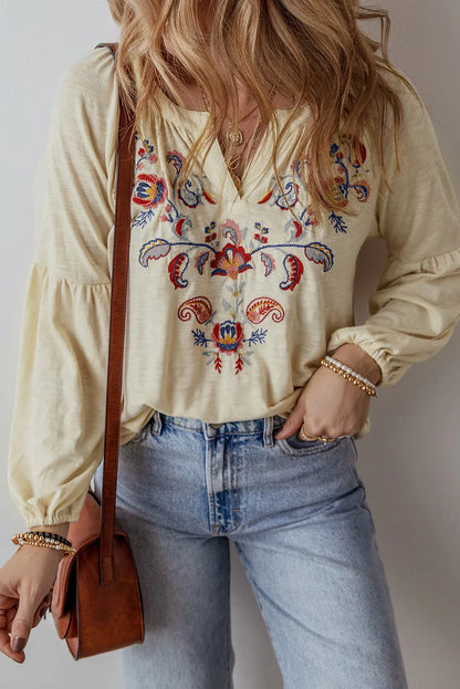 Spirit and Rebel Embroidered Notched Long Sleeve Bohemian Blouse [Spirit and Rebel]   