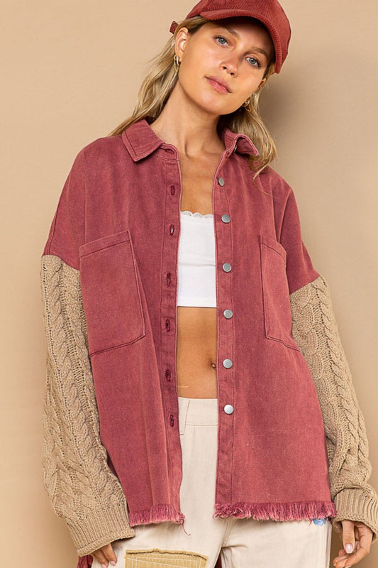 Contrast Boho Sweater Sleeve Button Down Shacket - Spirit and Rebel [Spirit and Rebel] Rose/Beige S 