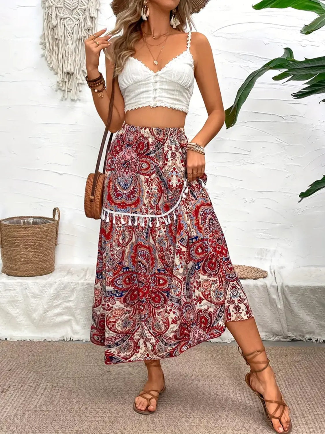 Printed Elastic Waist Midi Skirt - Spirit and Rebel [Spirit and Rebel]   