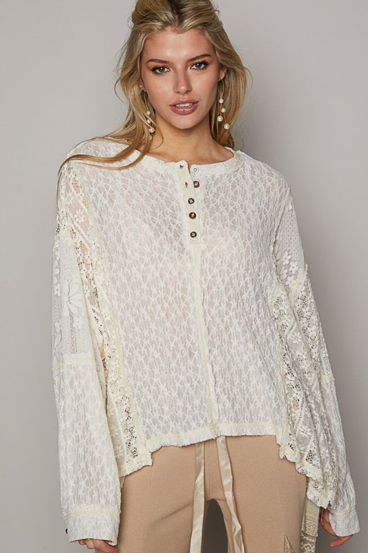 POL Round Neck Long Sleeve Raw Edge Lace Top [Spirit and Rebel] Cream S 