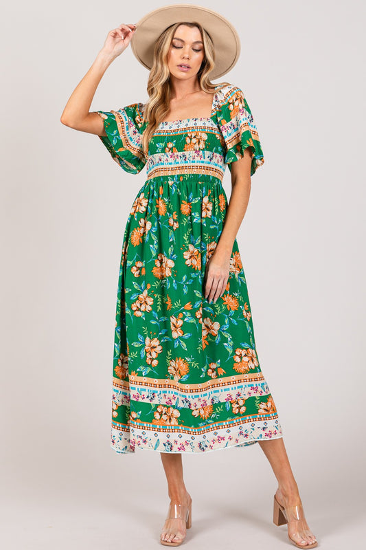 Boho Chic  SAGE + FIG Printed Smocked Short Sleeve Midi Dress [Spirit and Rebel] GREEN S 